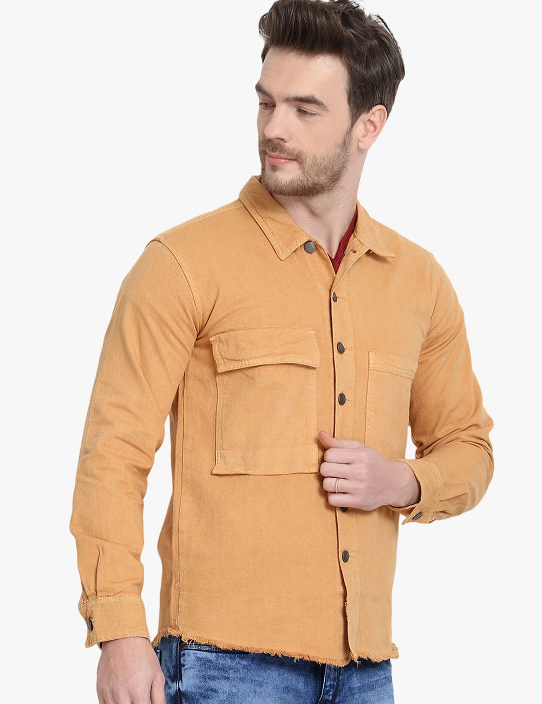 Kotty Men Yellow Solid Denim Jacket