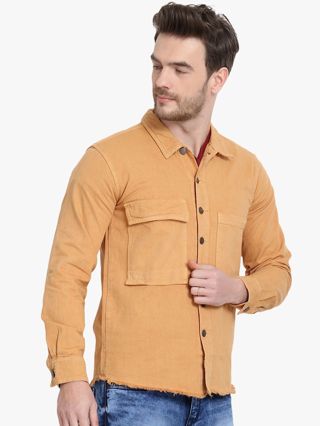 Kotty Men Yellow Solid Denim Jacket