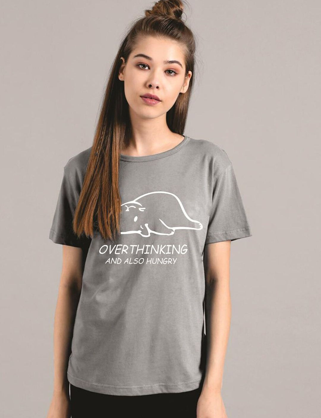 Kotty Women Grey Printed Round Neck T-shirt