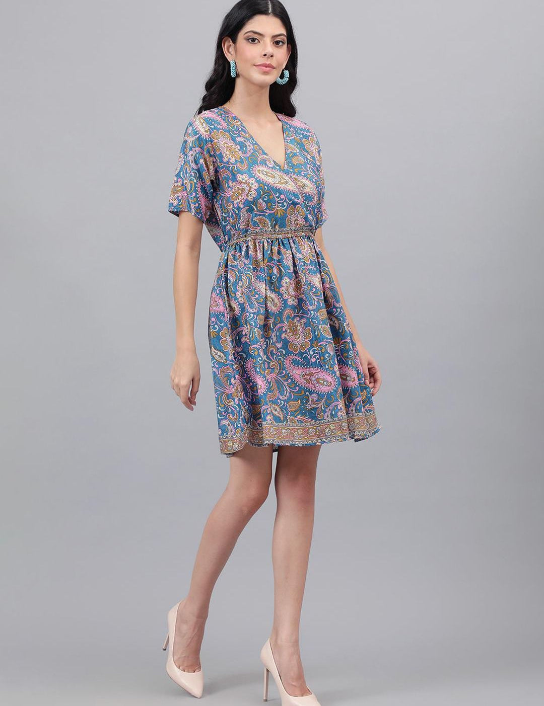 Kotty Blue And Pink Paisley Printed V-Neck Fit & Flare Dress