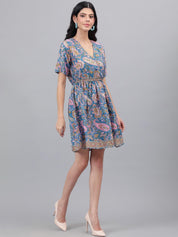 Kotty Blue And Pink Paisley Printed V-Neck Fit & Flare Dress