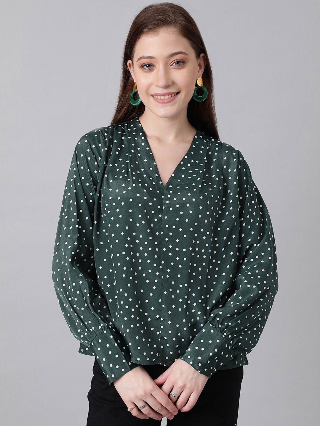 Kotty Green & White Polka Dot Print V-Neck Cuffed Sleeves Satin Crepe Top