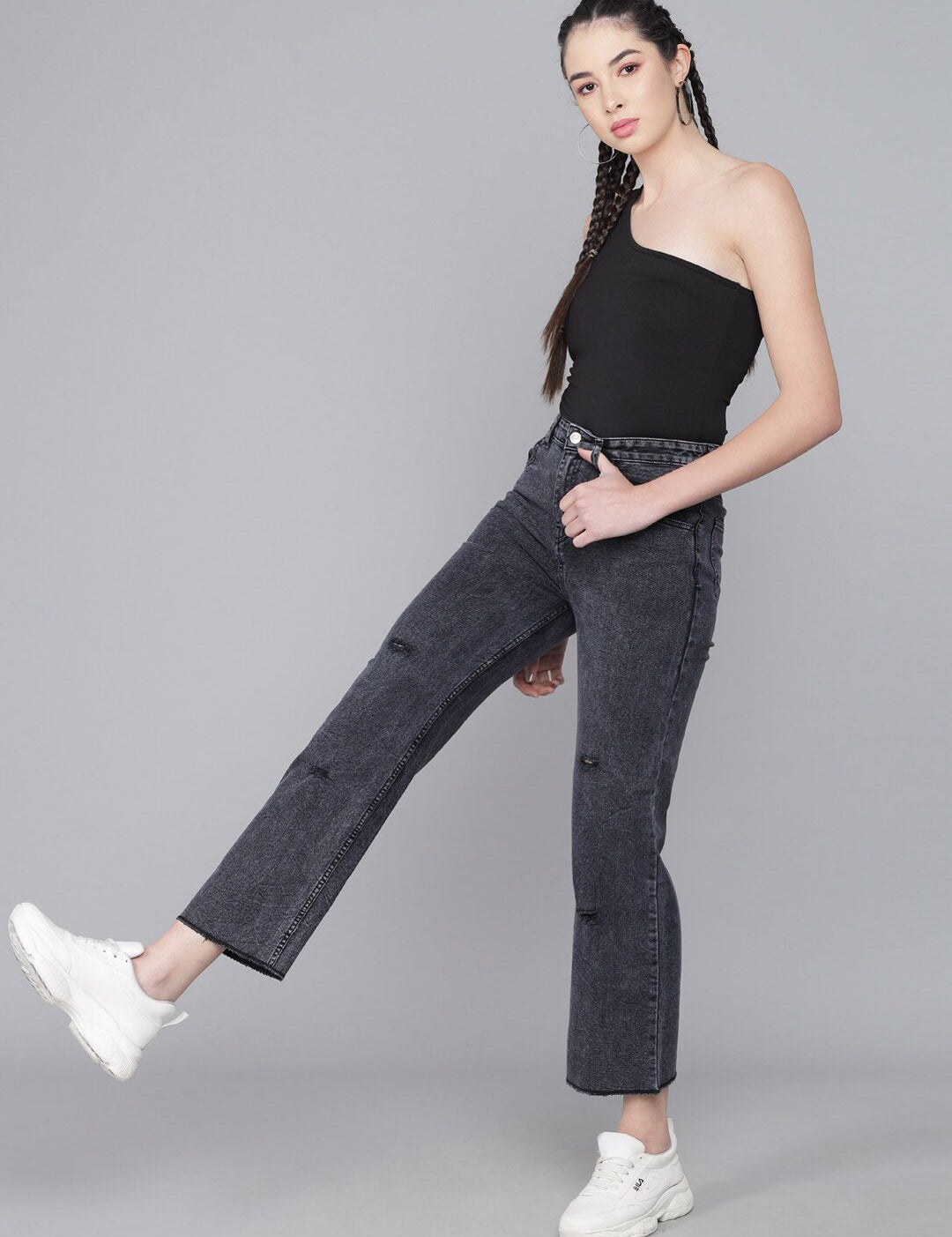 Kotty Women Black Flared High-Rise Slash Knee Heavy Fade Jeans