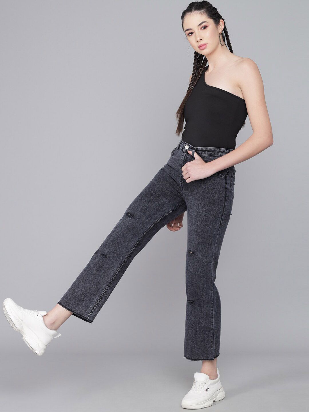 Kotty Women Black Flared High-Rise Slash Knee Heavy Fade Jeans