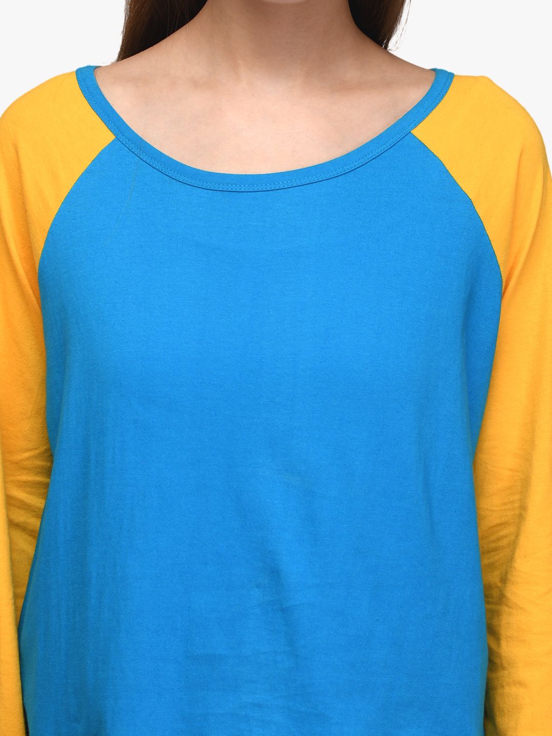 Kotty Women Blue & Yellow Colourblocked Round Neck T-shirt