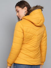 Kotty Women Yellow Striped Hooded Puffer Jacket