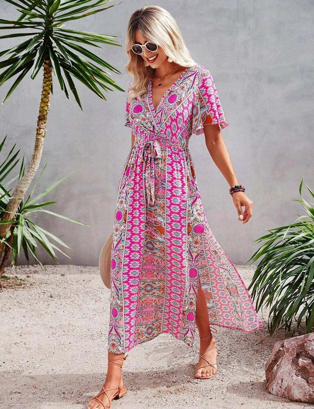 Kotty Floral Printed V-Neck Wrap Maxi Dress