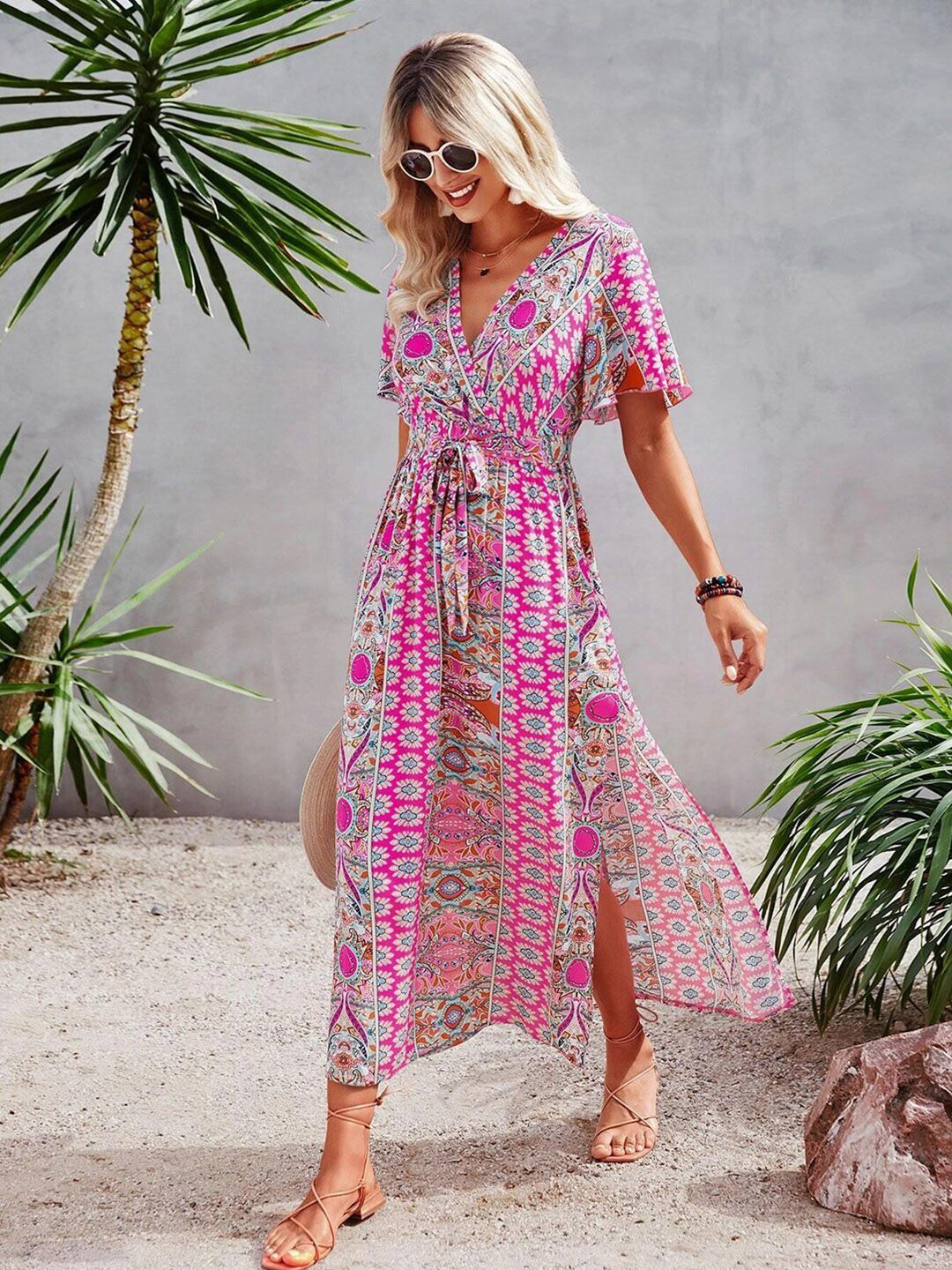 Kotty Floral Printed V-Neck Wrap Maxi Dress