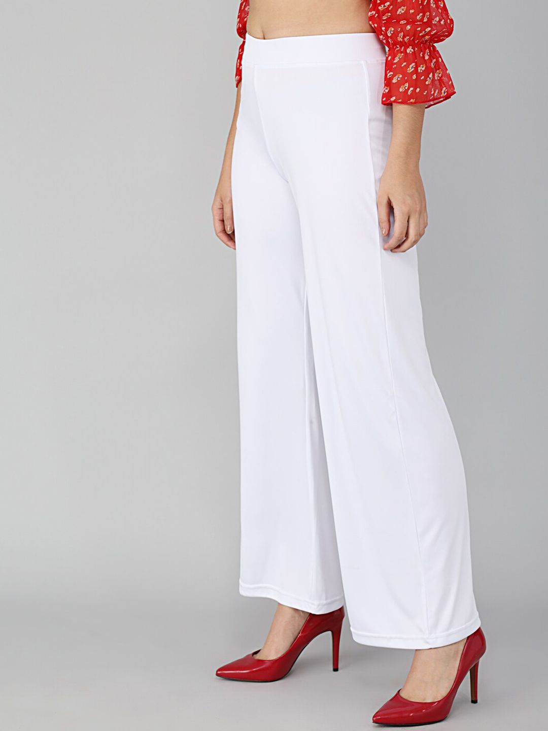 Kotty Women White Solid Flared Fit Parallel Trousers