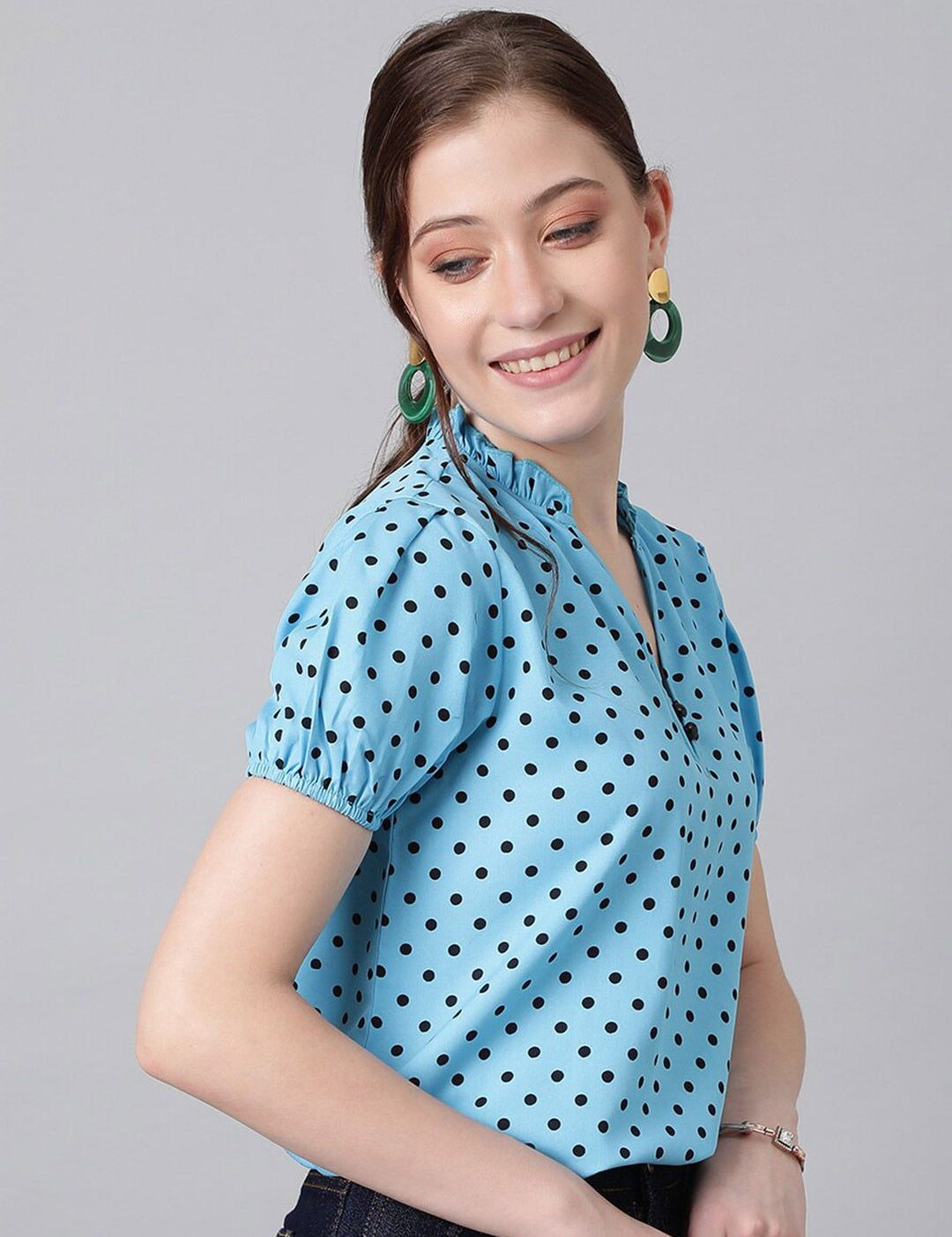 Kotty Blue Polka Dot Print Mandarin Collar Puff Sleeve Crepe Top