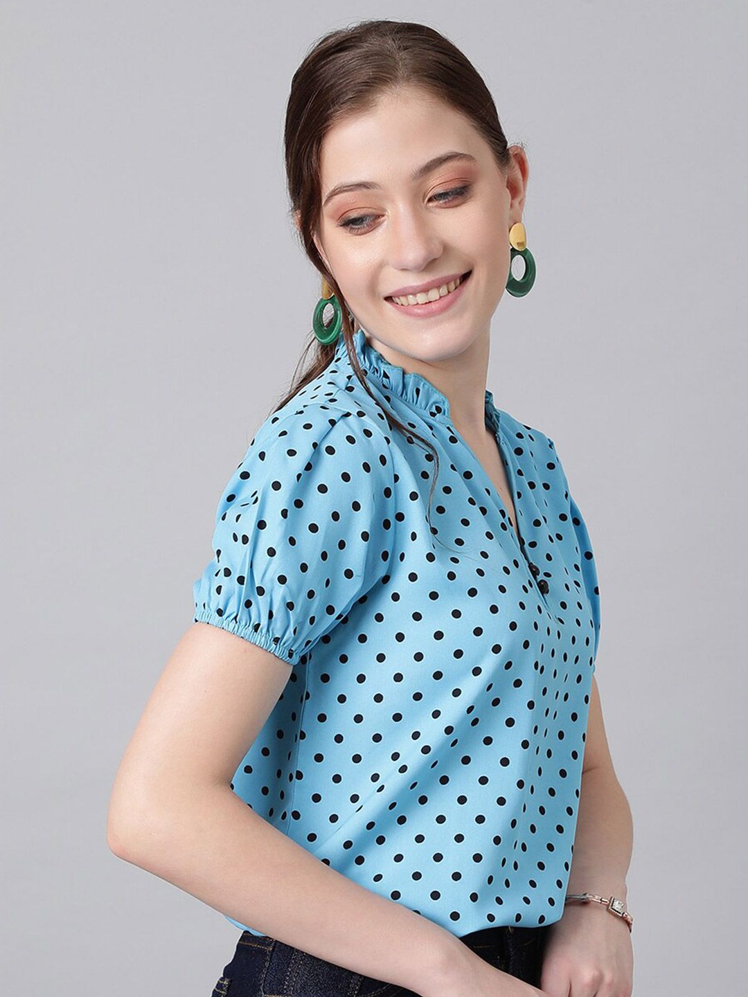 Kotty Blue Polka Dot Print Mandarin Collar Puff Sleeve Crepe Top