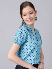 Kotty Blue Polka Dot Print Mandarin Collar Puff Sleeve Crepe Top