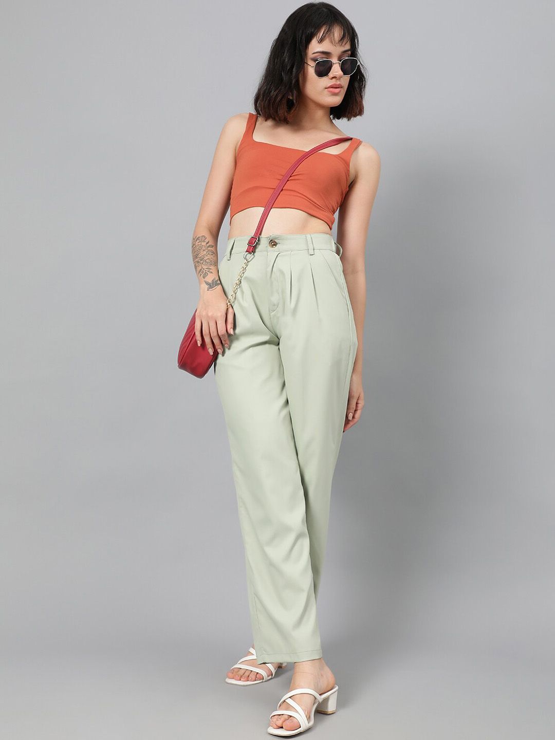 Kotty Women Green Relaxed Straight Leg Fit High-Rise Easy Wash Pleated Parallel Trousers