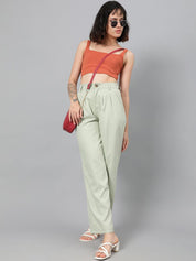 Kotty Women Green Relaxed Straight Leg Fit High-Rise Easy Wash Pleated Parallel Trousers