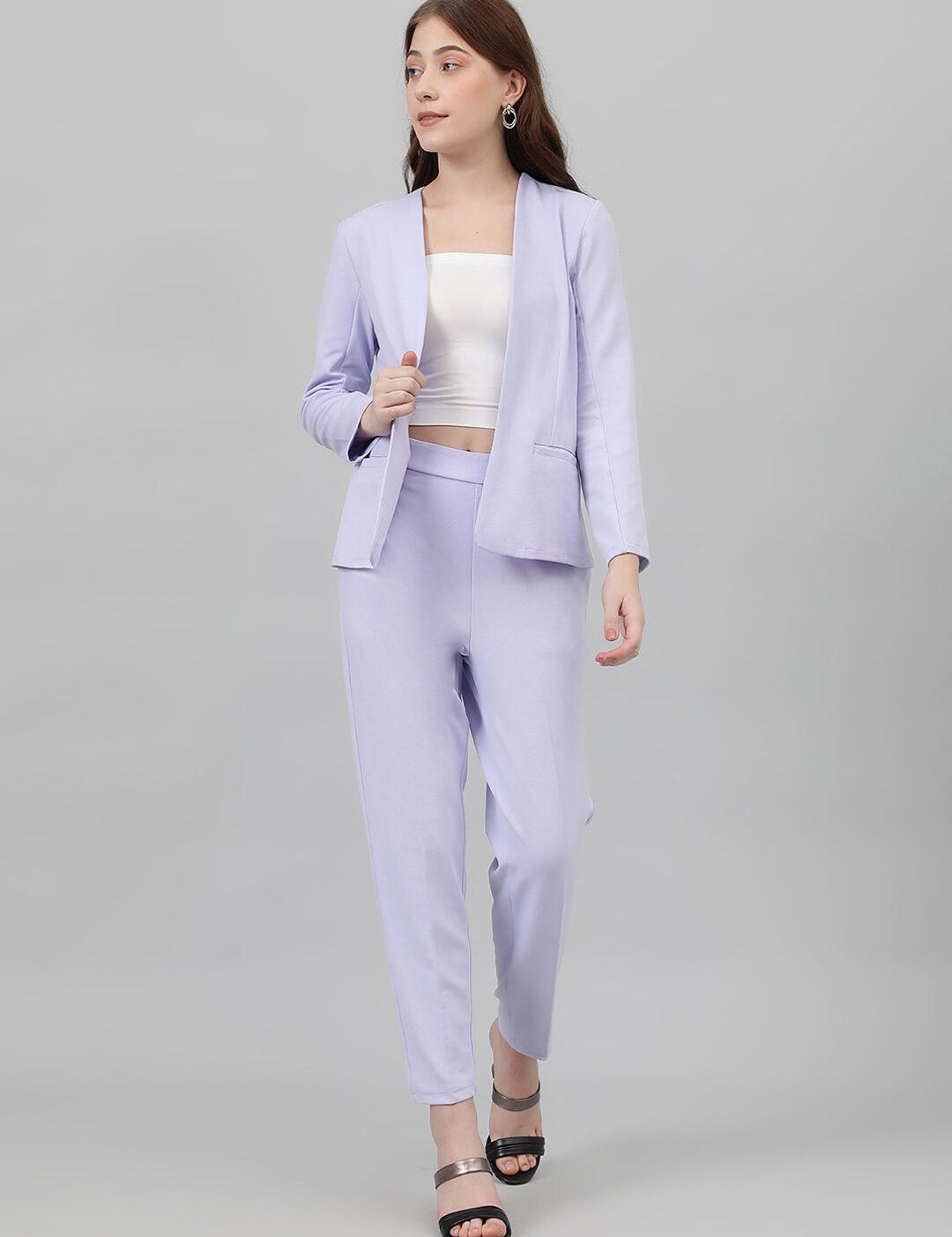 Kotty Purple Collarless Long Sleeves Blazer With Trousers
