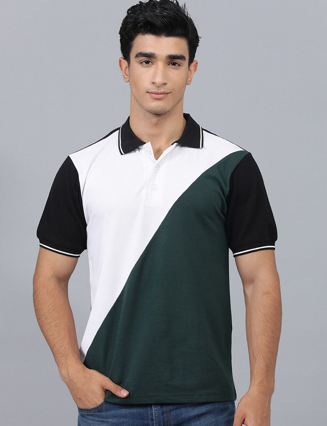 Kotty Colourblocked Polo Collar Regular Fit Cotton T-Shirt