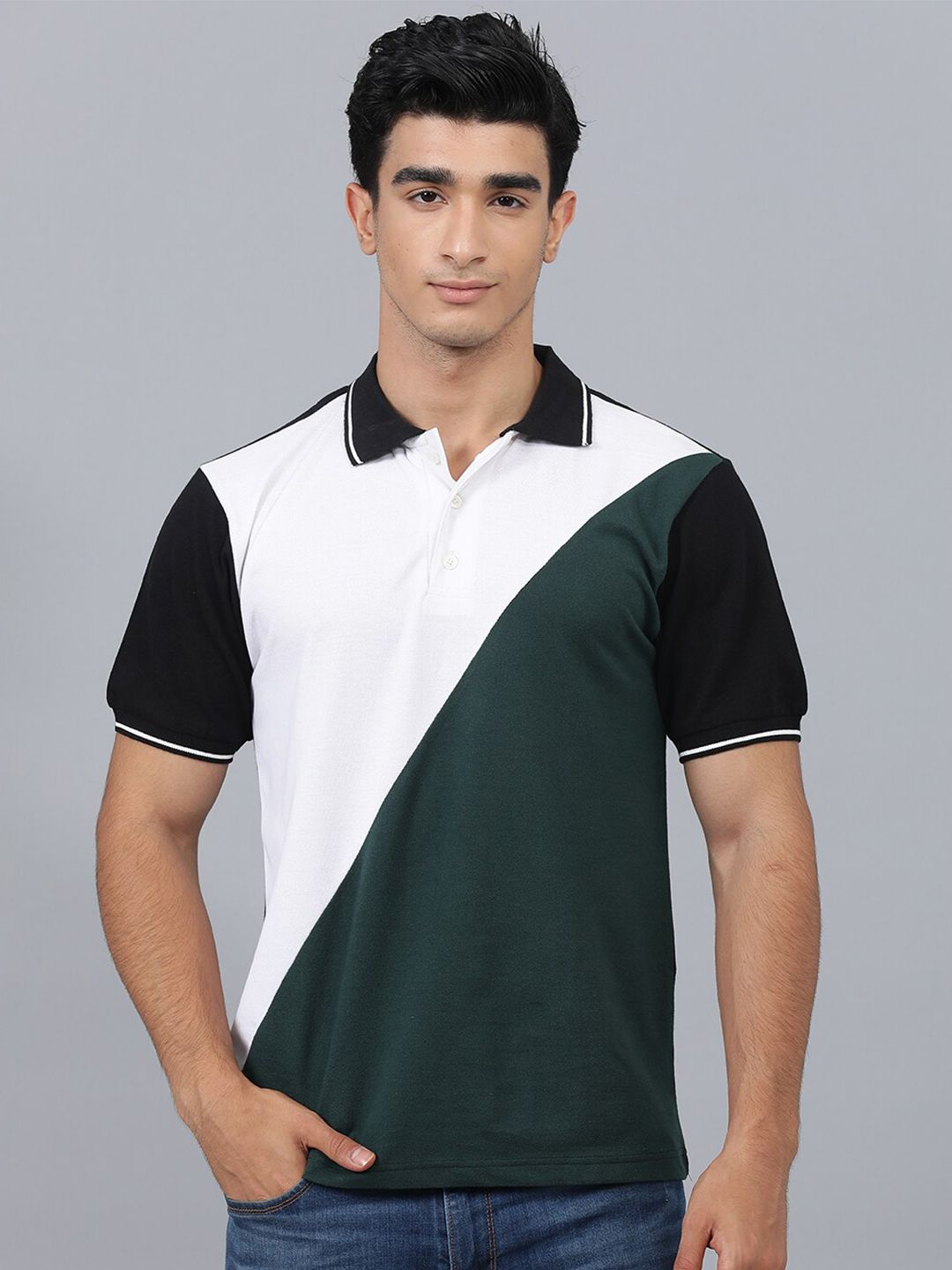 Kotty Colourblocked Polo Collar Regular Fit Cotton T-Shirt