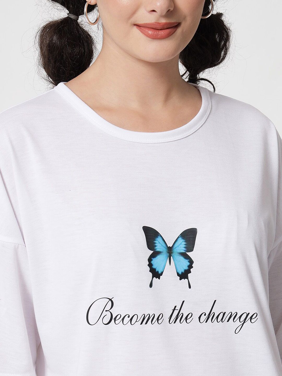 Kotty Women White Printed Applique Loose T-shirt