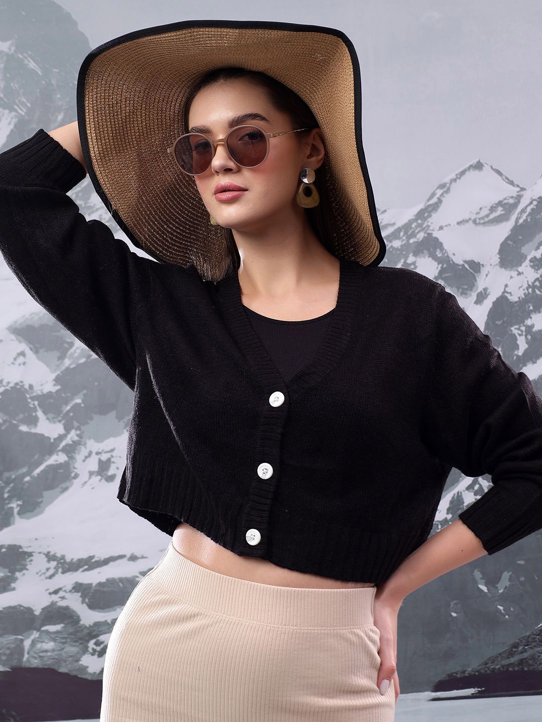 Kotty Women Cotton Round Neck Crop Cardigan