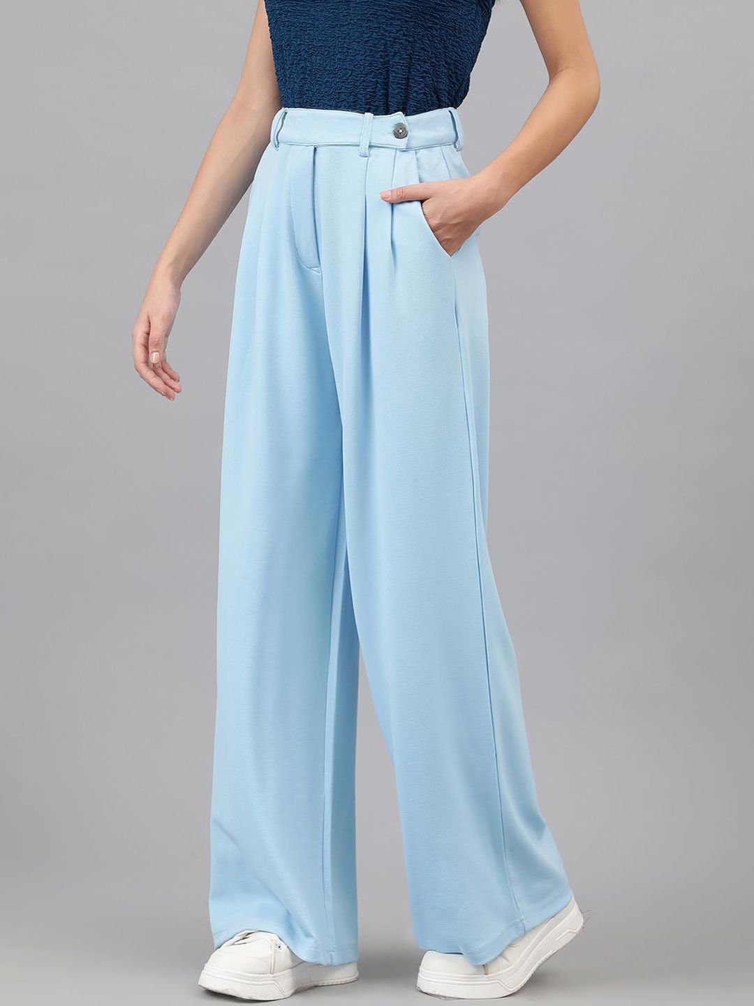 Kotty Women Blue Relaxed Straight Leg High-Rise Easy Wash Pleated Parallel Trousers