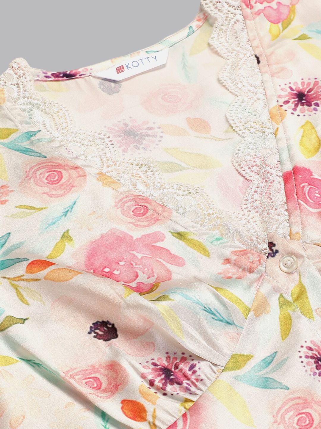 Kotty White & Green Floral Printed Satin Night Suit