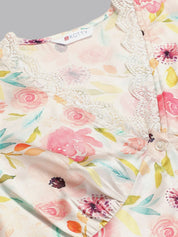 Kotty White & Green Floral Printed Satin Night Suit