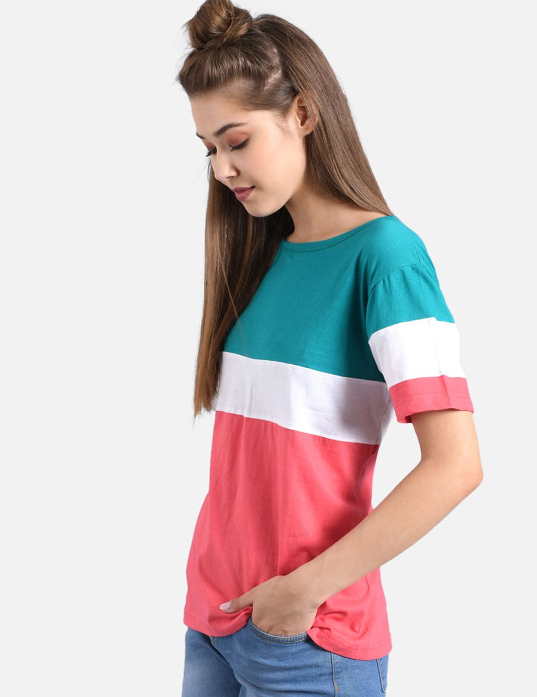 Kotty Women Teal Blue & Coral Pink Colourblocked Round Neck T-shirt