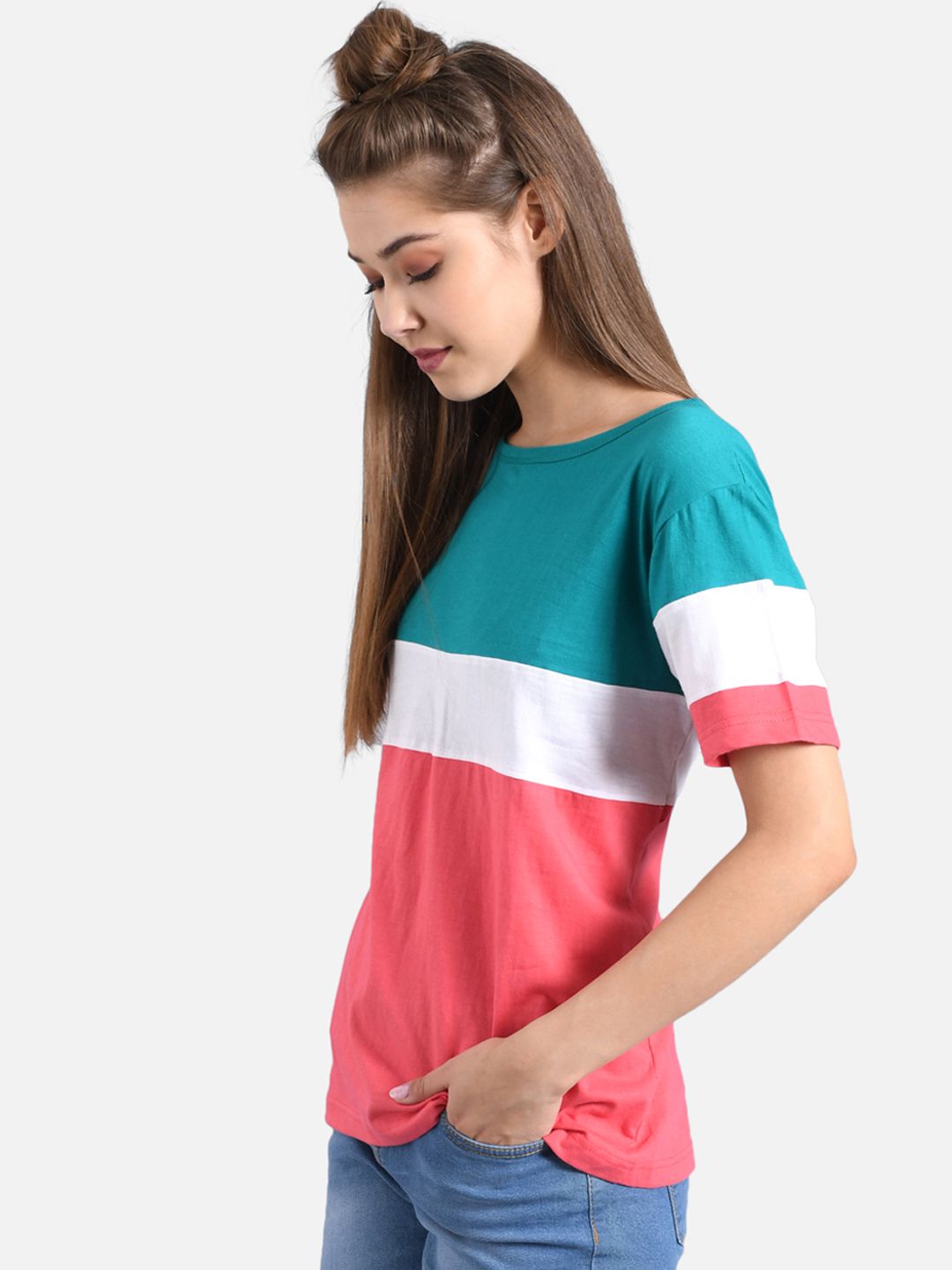 Kotty Women Teal Blue & Coral Pink Colourblocked Round Neck T-shirt