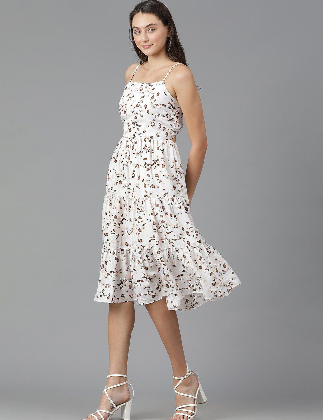 Kotty Floral Printed Shoulder Straps Sleeveless Layered Fit & Flare Dress