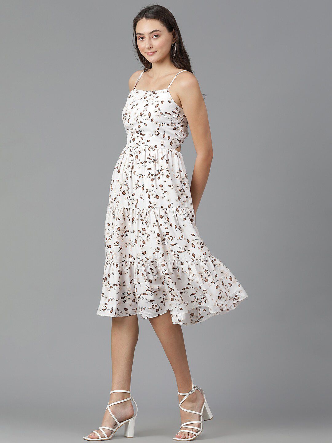 Kotty Floral Printed Shoulder Straps Sleeveless Layered Fit & Flare Dress