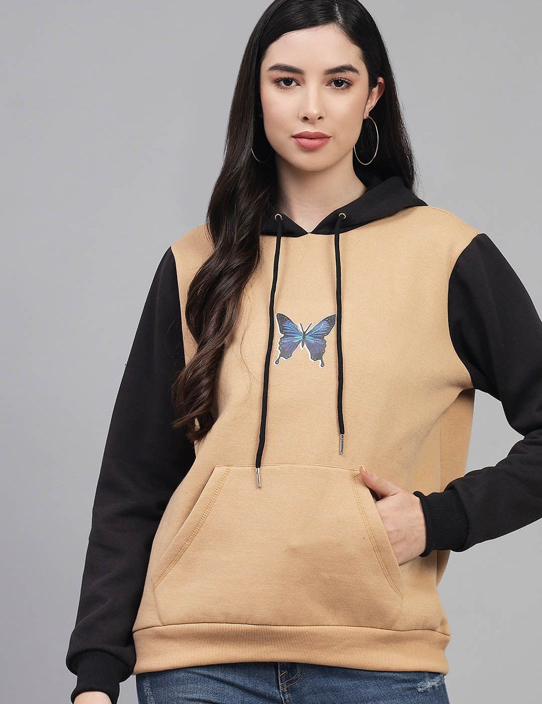 Kotty Women Beige Printed Hooded Fleece Sweatshirt