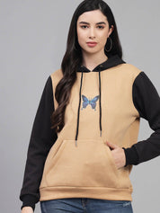 Kotty Women Beige Printed Hooded Fleece Sweatshirt