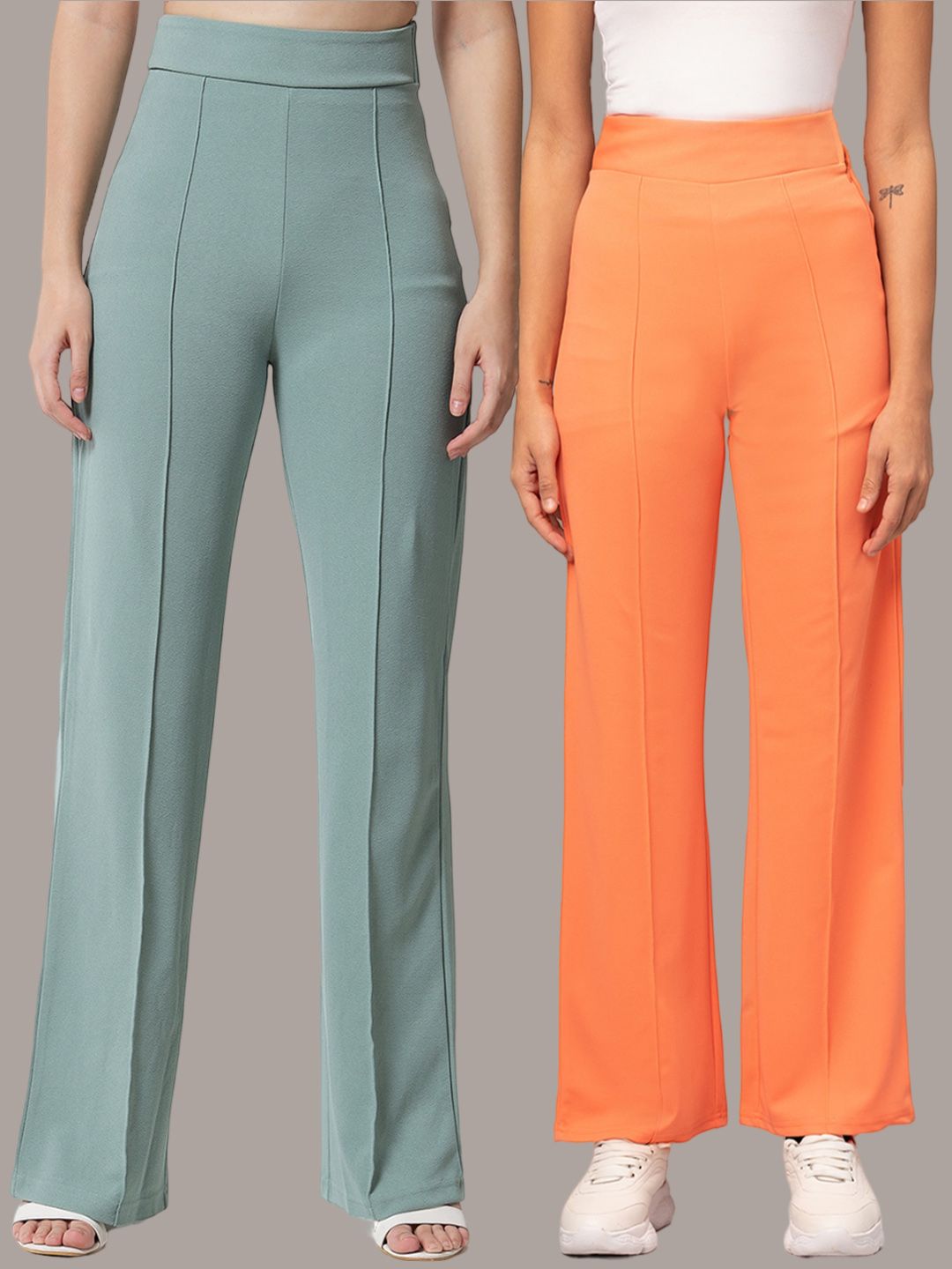 Kotty Women Pack of 2 Relaxed Straight Leg Straight Fit High-Rise Easy Wash Trousers