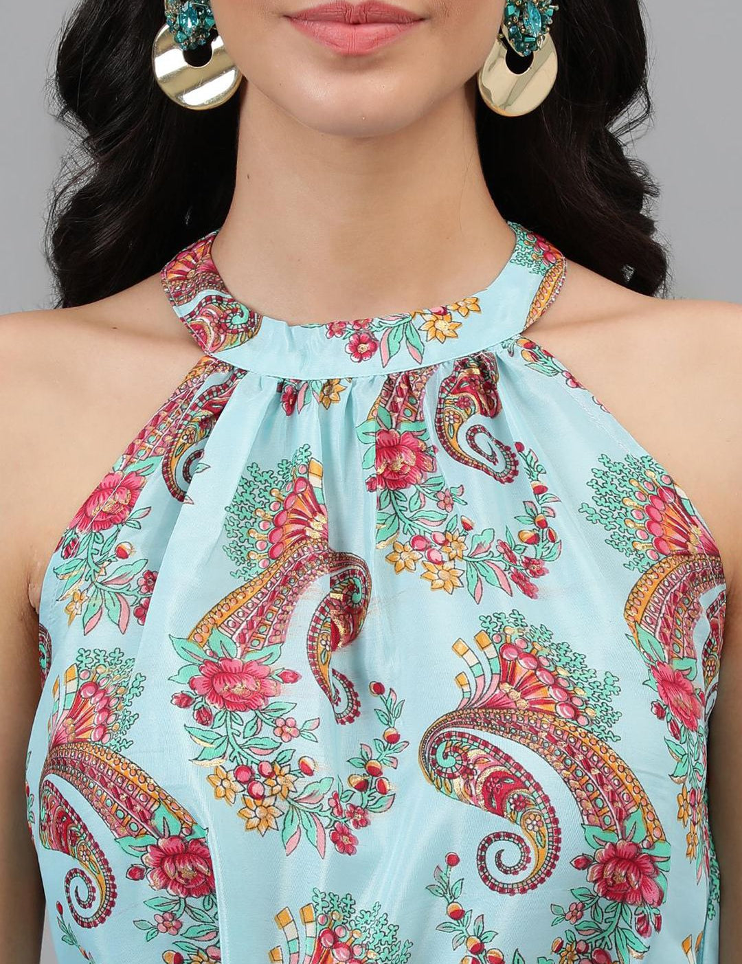 Kotty Turquoise Blue And Maroon Paisley Printed Halter Neck Tiered Fit & Flare Midi Dress