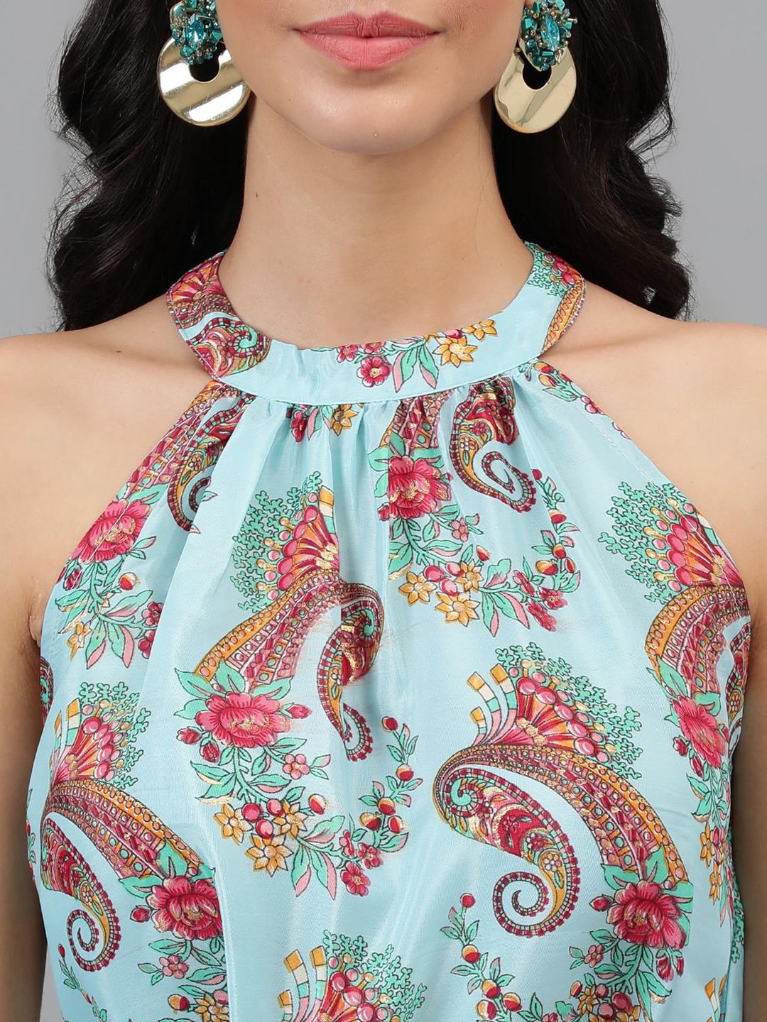 Kotty Turquoise Blue And Maroon Paisley Printed Halter Neck Tiered Fit & Flare Midi Dress