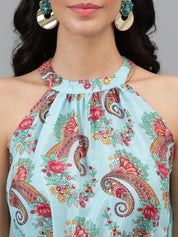 Kotty Turquoise Blue And Maroon Paisley Printed Halter Neck Tiered Fit & Flare Midi Dress