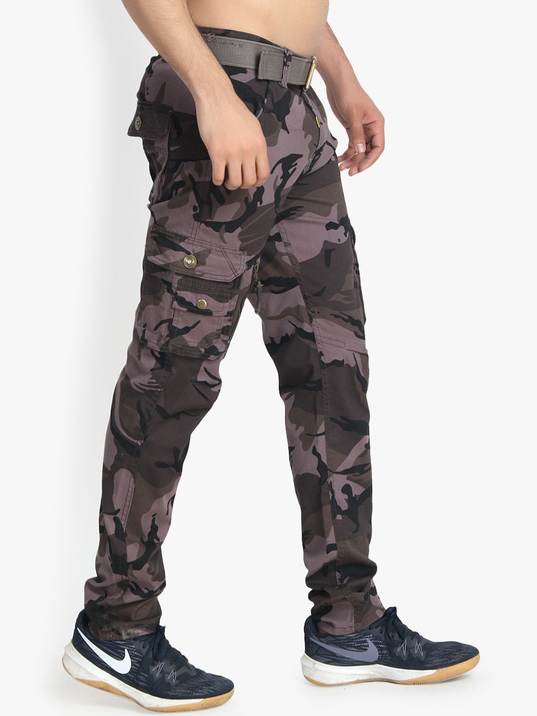 Kotty Men Grey & Black Regular Fit Printed Cargos