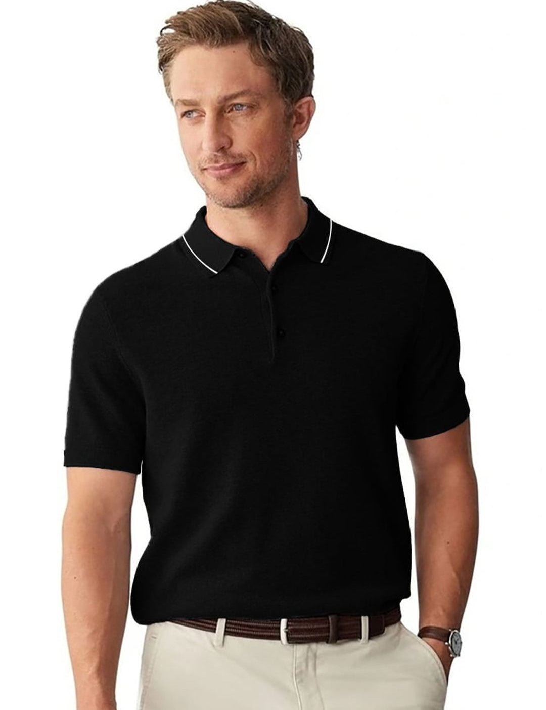 Kotty Black Polo Collar Short Sleeves Cotton Casual T-shirt