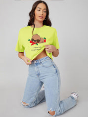 Kotty Printed Round Neck Crop Oversized T-shirt