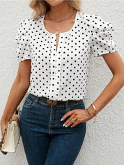 Kotty White & Black Polka Dot Printed Puff Sleeve Top