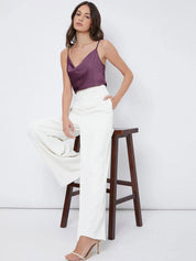 Kotty Purple Cowl Neck Shoulder Straps Satin Top