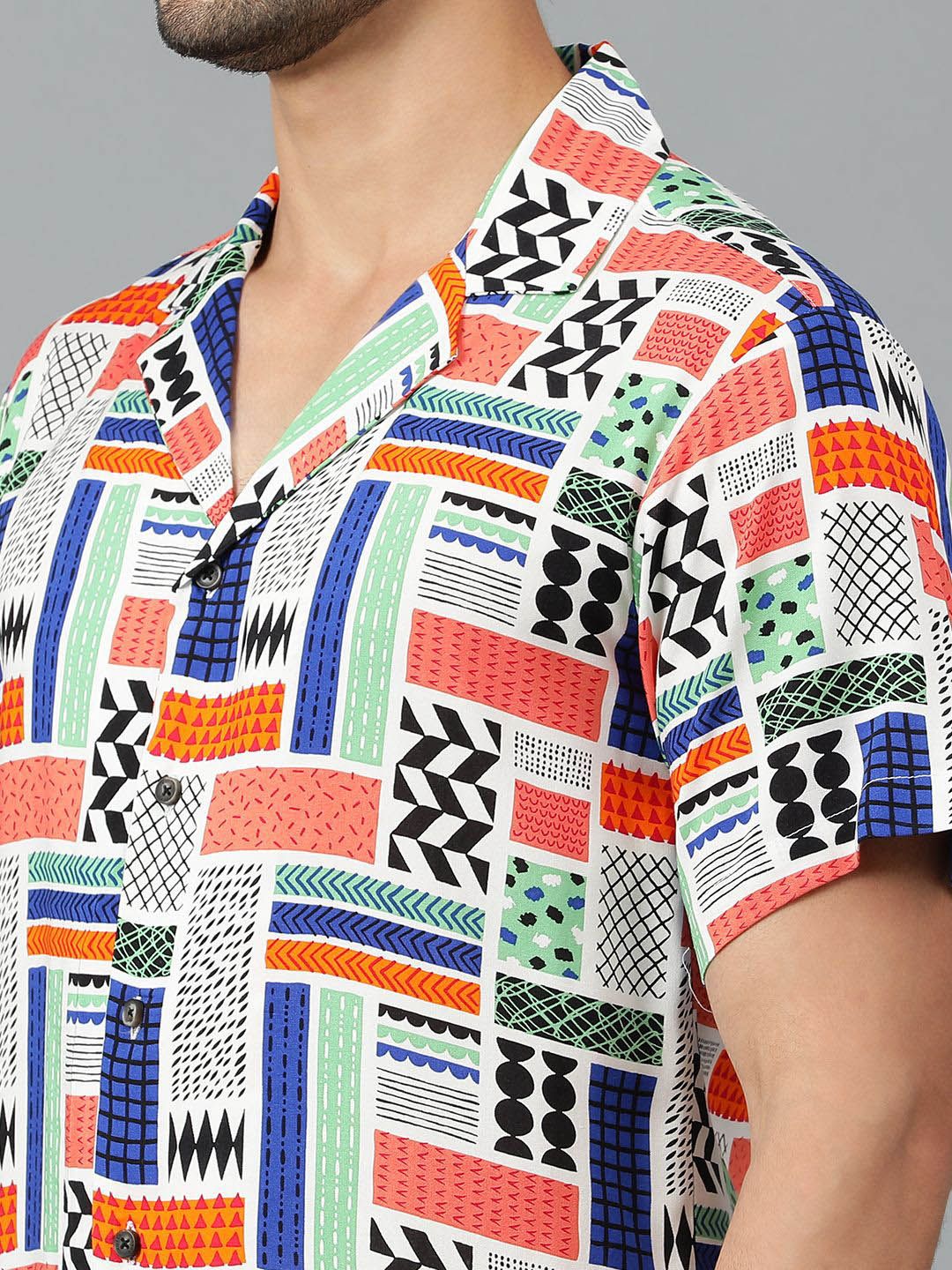 Kotty Men Cuban Collar Abstract Printed Casual Shirt