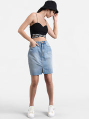 Kotty Women Blue Washed Denim Mini Straight Skirt