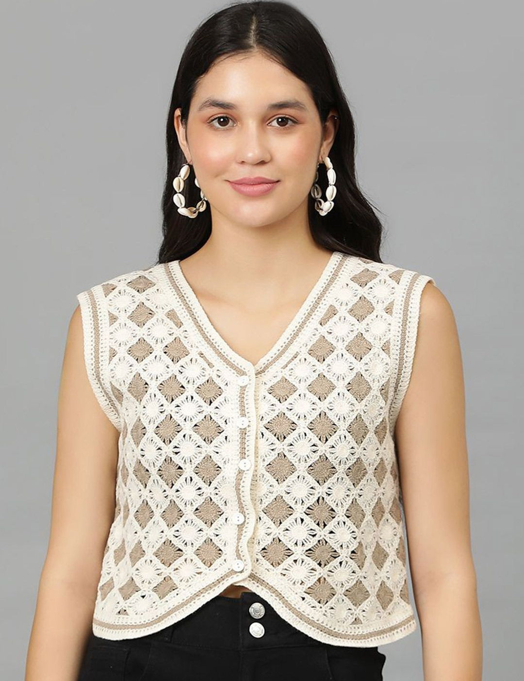 Kotty Geometric Self Design Crochet V-Neck High-Low Crop Top