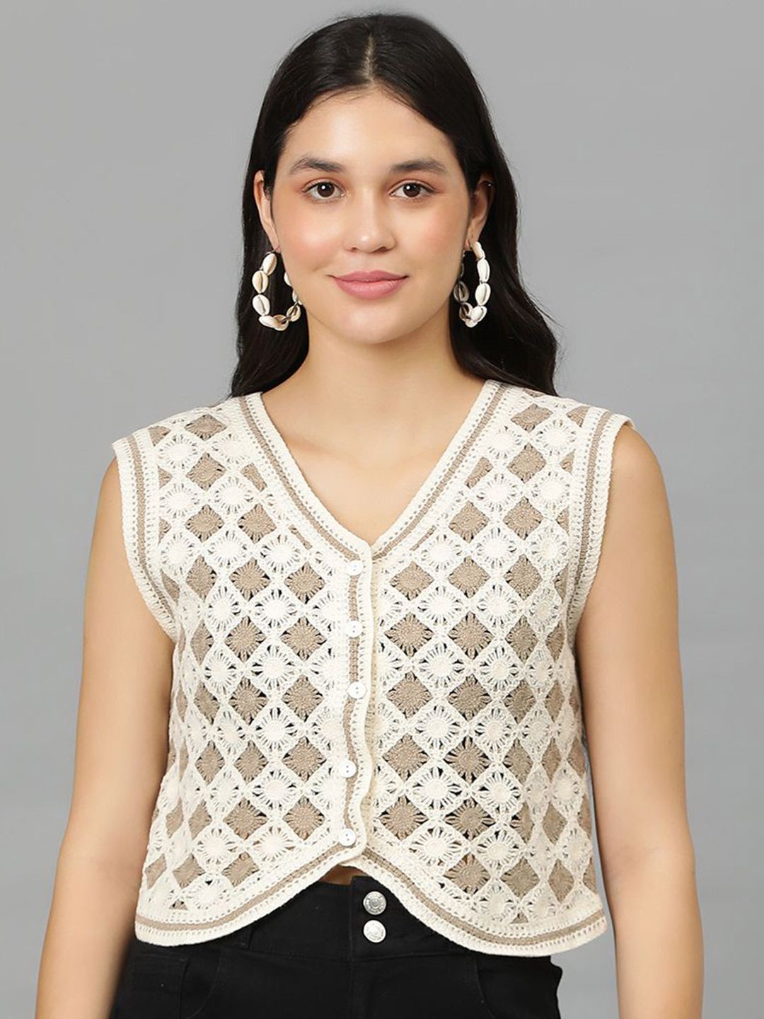 Kotty Geometric Self Design Crochet V-Neck High-Low Crop Top