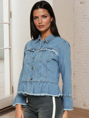 Kotty Women Spread Collar Solid Denim Jacket