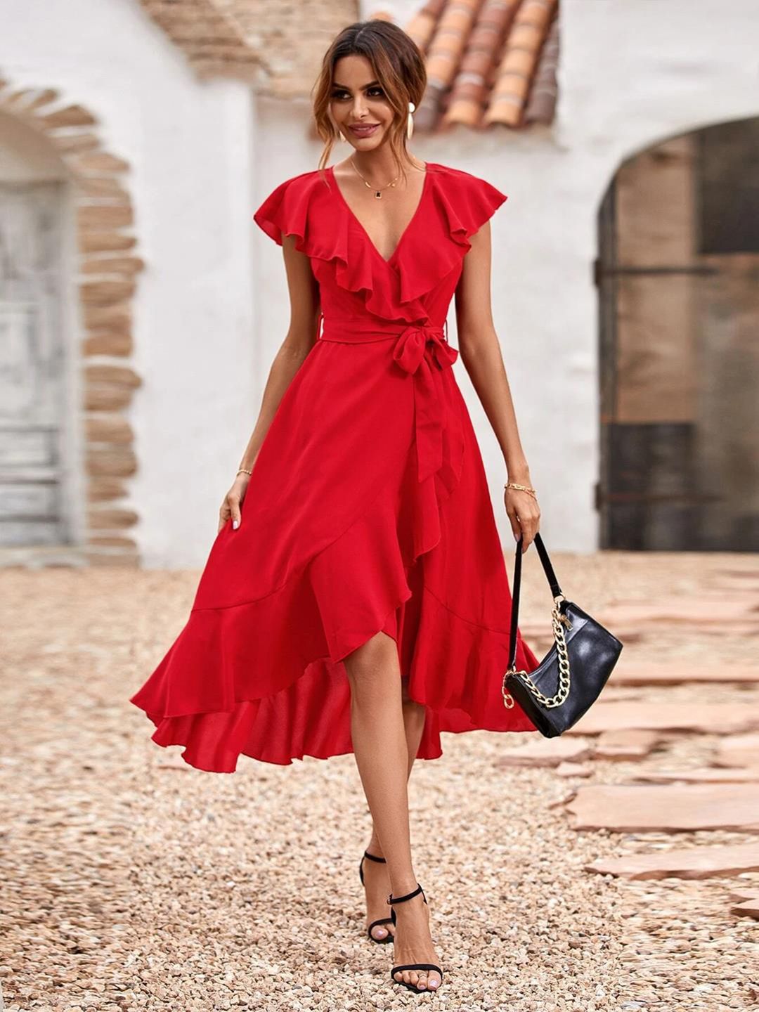 Kotty Red Ruffled Wrap Midi Dress