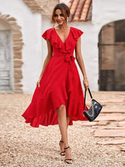Kotty Red Ruffled Wrap Midi Dress