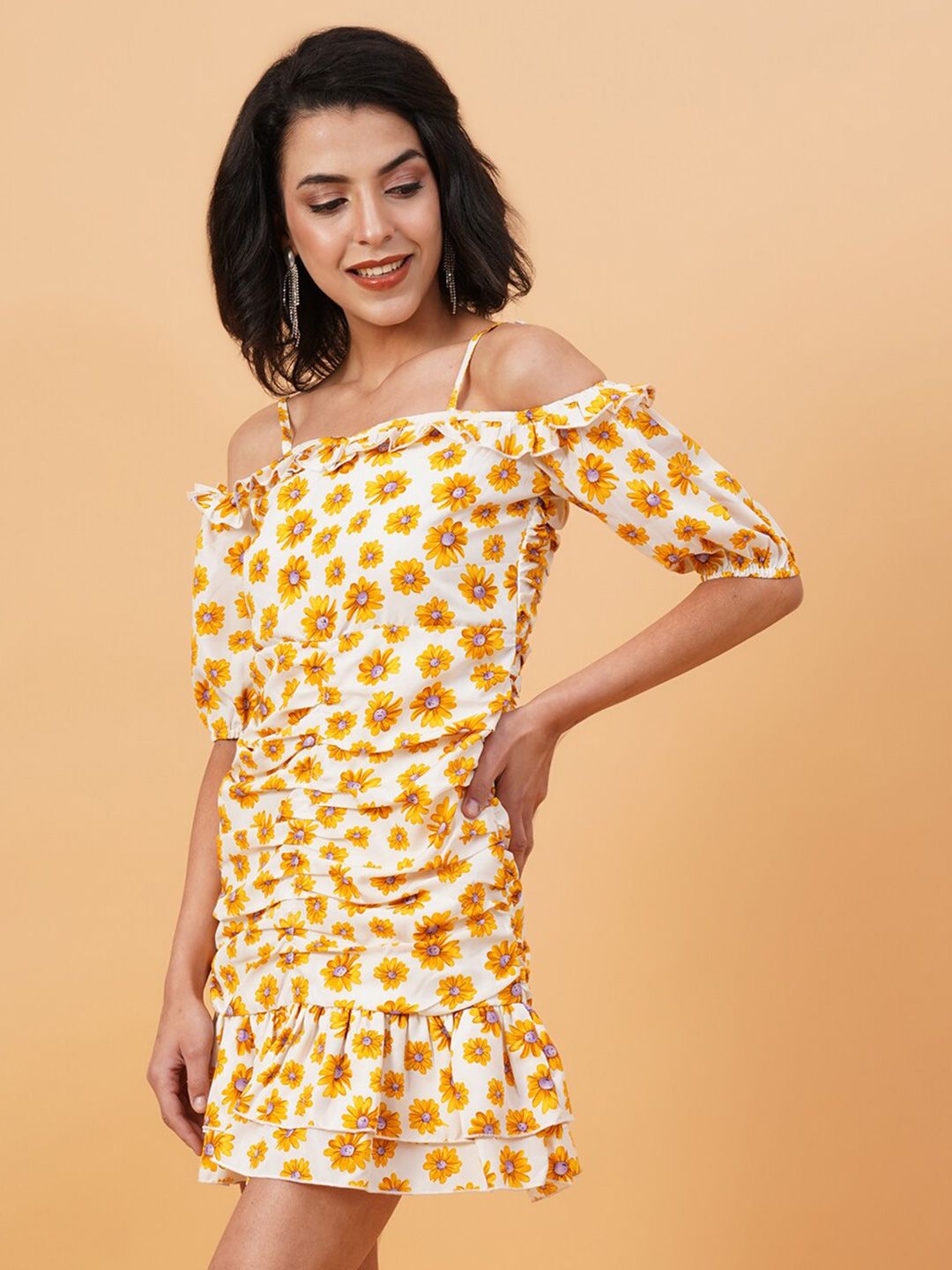 Kotty White & Yellow Floral Printed Cold Shoulder Sleeves Crepe Gathered Sheath