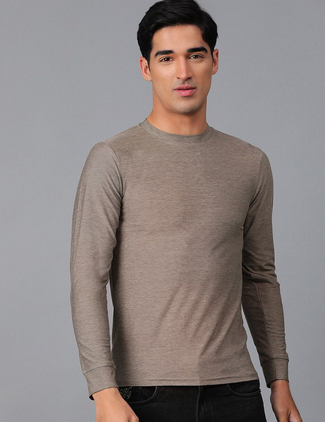 Kotty Brown Round Neck Long Sleeves Slim Fit T-shirt